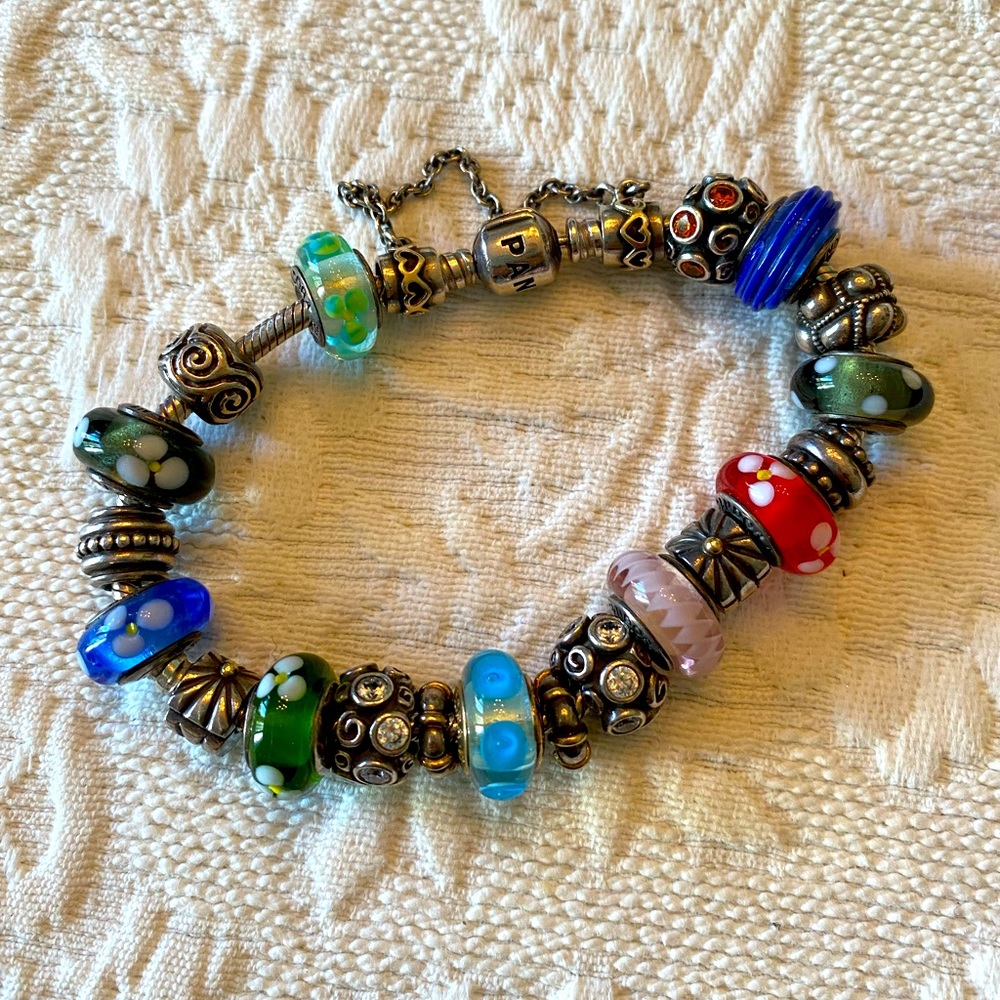 Pandora sterling silver bracelet with glass beads